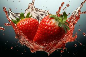 AI generated Berry burst Strawberry dives into a glass, creating a refreshing splash photo