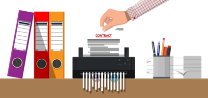 Hand putting contract paper in shredder machine png