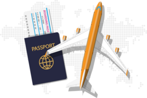 Passenger jet, boarding pass, passport and globe png