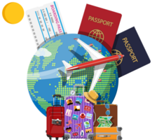 Travel suitcase with stickers and world map png