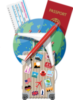 Travel suitcase with stickers and world map png