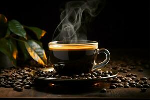 AI generated Aromatic start Morning coffee cup with beans and aroma smoke photo