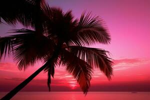 AI generated Tropical tranquility Palm tree silhouette on a serene pink sky photo