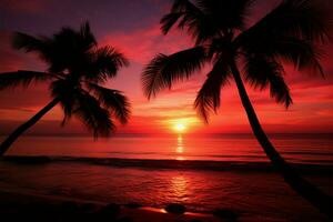 AI generated Coastal twilight Palm tree silhouette against the stunning sunset backdrop photo