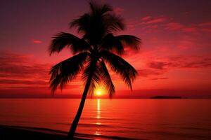 AI generated Coastal twilight Palm tree silhouette against the stunning sunset backdrop photo