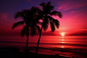 AI generated Coastal twilight Palm tree silhouette against the stunning sunset backdrop photo