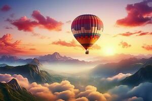 AI generated Summer balloon ride Sunrise background, nature landscape, air travel freedom photo