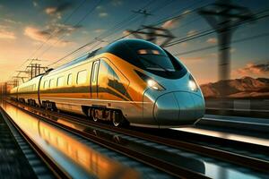 AI generated Speedy commute High speed train in motion on the railway photo