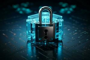 AI generated Data protection Cyber security concept with padlock on blue background, 3D photo