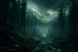 AI generated Nocturnal mystique Misty, foggy night in a dark forest landscape photo