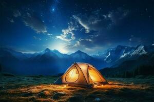 ai generado montaña estudio de las estrellas naturaleza aventuras debajo el estrellado noche cielo al aire libre foto