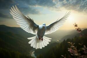 AI generated Natures messenger White dove in flight, embodying hope and purity photo