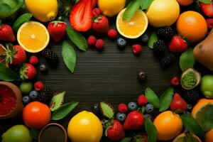 AI generated Fruitful presentation Frame crafted from an assortment of ripe fruits photo