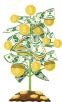 Money tree with golden coins and banknotes png