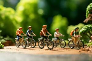 ai generado de viaje ciclistas miniatura cifras en bicicletas, verde bokeh fondo escena foto