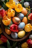 ai generado Pascua de Resurrección cesta con vistoso huevos y tulipanes, foto