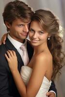 AI generated Romantic wedding couple, tender gaze, with space for cherished vows and declarations photo