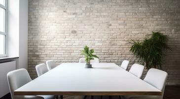 AI generated white furniture and large white brick wall in white conference room photo