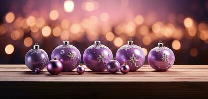 AI generated christmas baubles sitting on top of a wooden table with snowflakes, photo