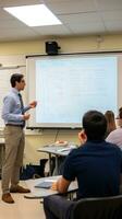 ai generado un profesor en pie en frente de un pizarron explicando un concepto a un salón de clases lleno de estudiantes foto