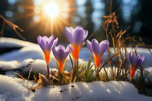 AI generated Natures revival First spring crocuses bloom in snowy forest, copy space photo