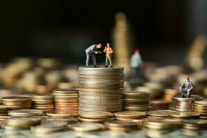 AI generated Entrepreneurial journey Miniature businesspeople on money with wooden background photo