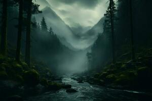 AI generated Jungle mystery Mist and fog add a mystical touch outdoors photo