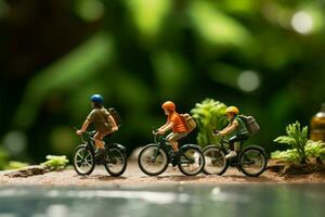 ai generado de viaje ciclistas miniatura cifras en bicicletas, verde bokeh fondo escena foto