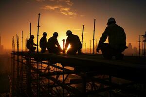 AI generated Project synergy Construction engineer, contractor, teamwork silhouette on construction site photo