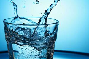 AI generated Blue refreshment Pouring water into a glass on a blue background photo