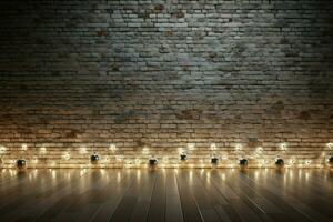 AI generated Holiday backdrop White brick wall adorned with sparkling lights photo