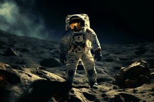 ai generado astronomía Odisea astronauta en espacio traje camina en el Luna foto