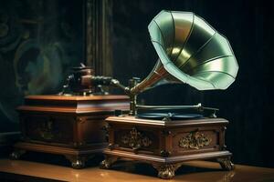 AI generated Antique elegance Vintage aquamarine gramophone on a 90s concept background photo