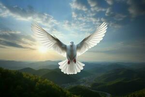 ai generado plumado elegancia pacífico blanco paloma se eleva alto en el cielo foto