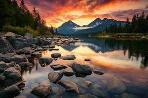 ai generado tatra tranquilidad montaña lago, vistoso atardecer, alto tatra picos escena foto