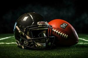 ai generado americano fútbol americano casco y pelota en verde fútbol americano campo con oscuro fondo, americano fútbol americano y casco en el campo, ai generado foto