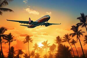 AI generated Airplane flying over palm trees at sunset. Travel and vacation concept, Airplane flying above palm trees in a clear sunset sky with sun rays, AI Generated photo