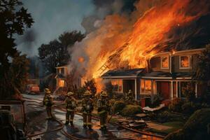 AI generated Firefighters fighting a fire in a house. Firefighters fighting a fire, American houses on fire and firefighters attempting to stop the fire, AI Generated photo