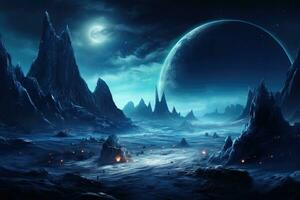 AI generated Fantasy alien planet. 3D illustration. Moon and stars, Alien planet landscape for a space game background, AI Generated photo