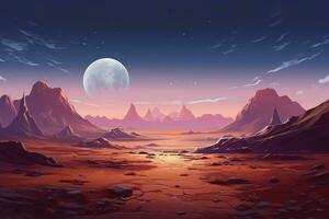 AI generated Fantasy alien planet. Mountain and lake. 3D illustration, Alien planet landscape for a space game background, AI Generated photo