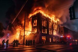 ai generado bomberos extinguir un fuego en un edificio a noche, Rusia, americano grande edificio en fuego, y bomberos son molesto a detener el fuego, ai generado foto