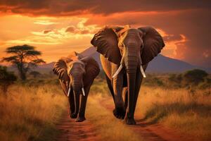 AI generated Elephants at sunset in Amboseli National Park, Kenya, African savannah captured at sunset with two elephants Loxodonta africana in the scene, AI Generated photo