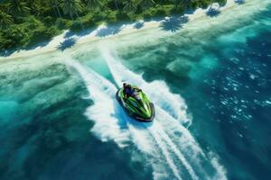 AI generated Water scooter in the ocean. Aerial view. 3d rendering, Aerial view of Jet Ski, Tropical Ocean island summer vacation, AI Generated photo