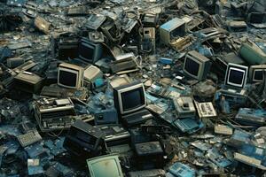AI generated Aerial view of a garbage dump with lots of old computer and mobile phones, Aerial view capturing a garbage dump with old computers, calculators, and other discarded items, AI Generated photo