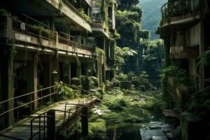 AI generated Houses in the middle of the jungle in Bali, Indonesia, Abandoned hotel in the midst of a lost city, AI Generated photo