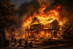 AI generated Burning house in the village at night. Firefighters extinguish a fire, American house on fire, and firefighters are working to extinguish the flames, AI Generated photo