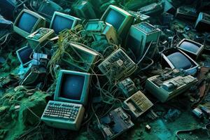 AI generated Old computer in garbage dump. Concept of pollution of the planet, Aerial view capturing a garbage dump with old computers, calculators, and other discarded items, AI Generated photo