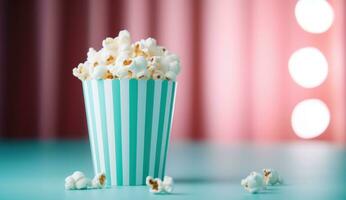 ai generado palomitas de maiz en un Cubeta en frente de un televisión conjunto foto