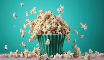 ai generado palomitas de maiz en un Cubeta en frente de un televisión conjunto foto