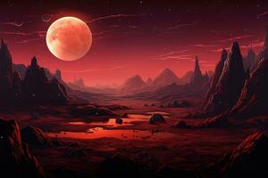AI generated Fantasy alien planet. Mountain and lake. 3D illustration, Alien planet landscape for a space game background, AI Generated photo